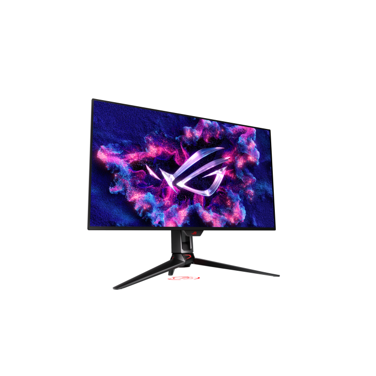 ASUS ROG Swift OLED PG32UCDM angled front right view showing ergonomic stand - Nova Store Lagos